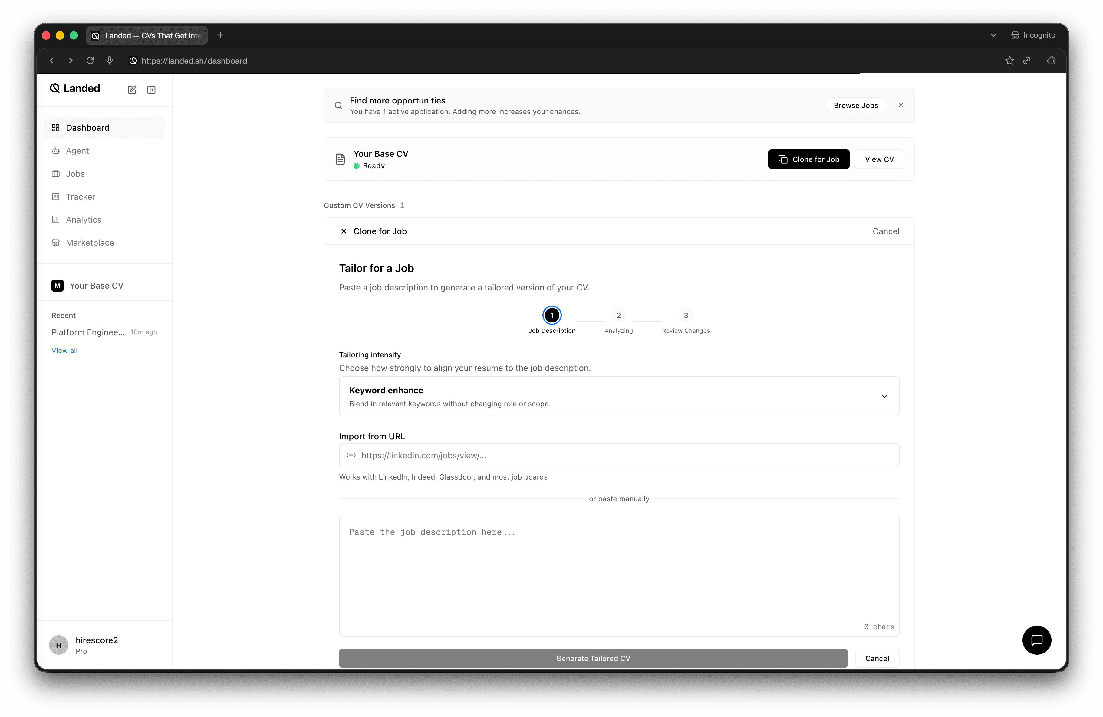 Landed dashboard with base CV, job matching, and application tools