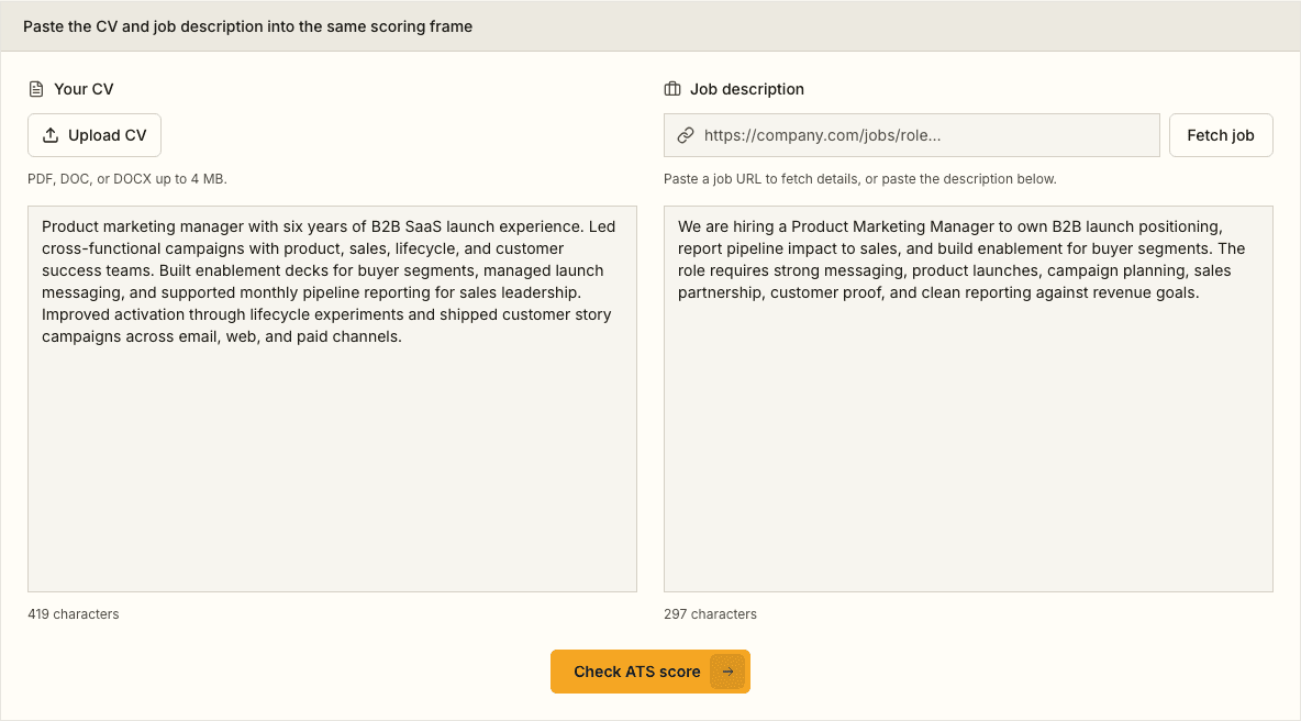 Screenshot of the Landed free ATS checker with a CV and product marketing manager job description entered side by side.