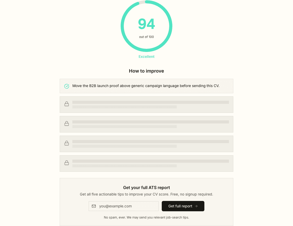 Screenshot of the Landed ATS checker showing a 94 out of 100 score and the first improvement recommendation.